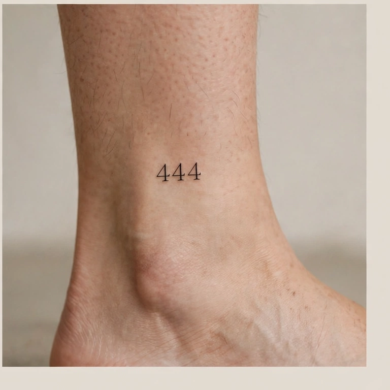 Fine-line 444 tattoo on an ankle