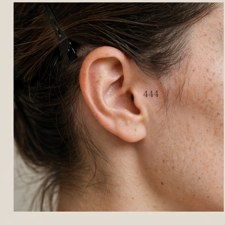 Tiny 444 tattoo beside the ear