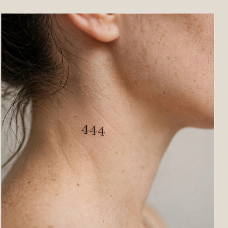 Small 444 tattoo on the side of the neck