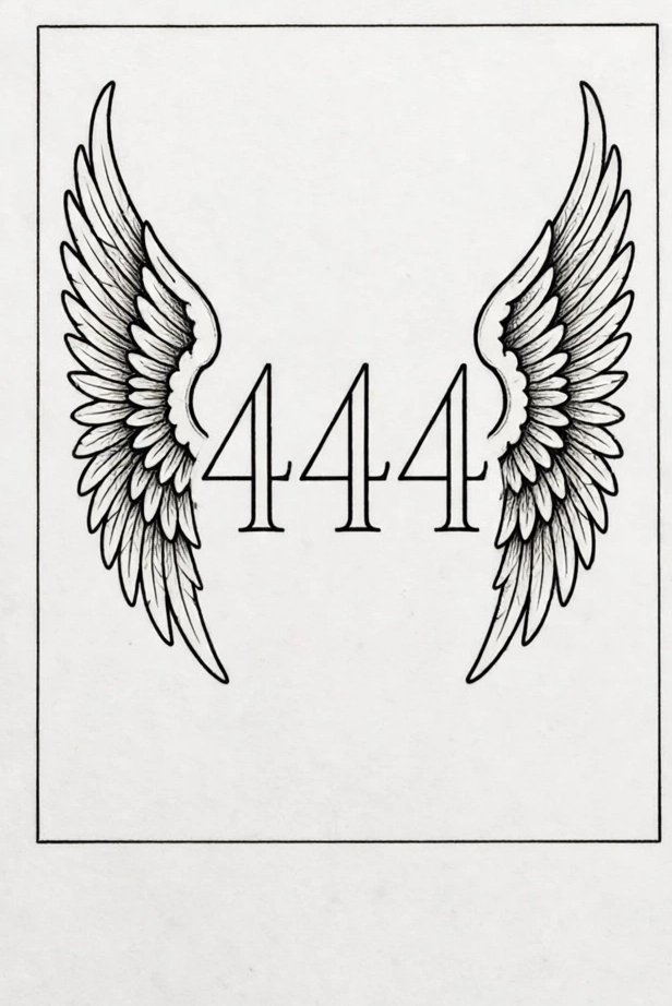 444 tattoo design with angel wings on both sides