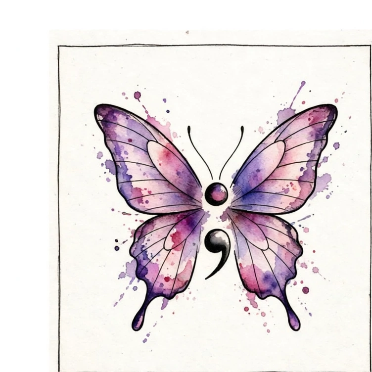 Watercolor butterfly tattoo design with a semicolon body in purple and pink