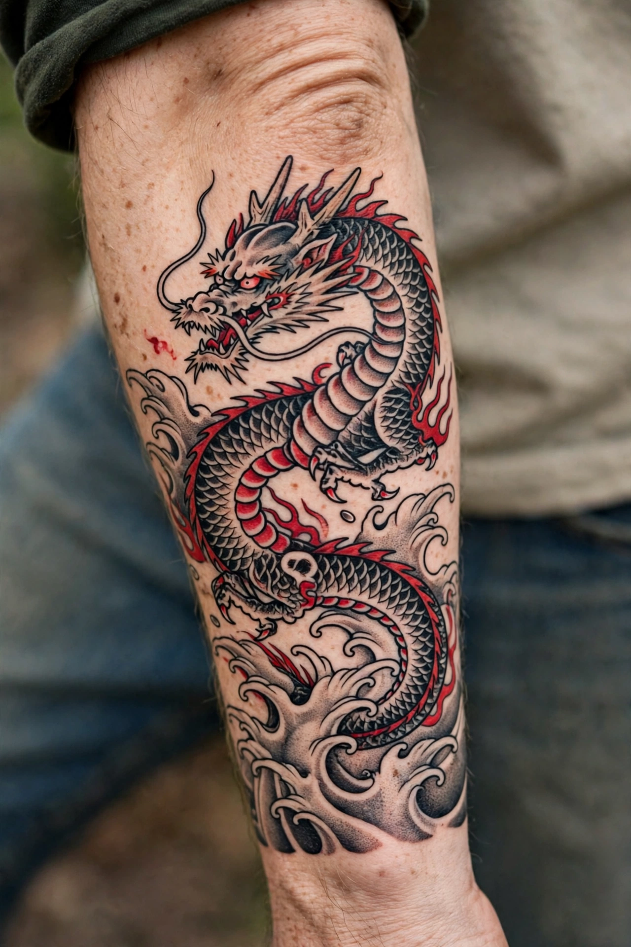 Japanese dragon tattoo with waves wrapping around an arm