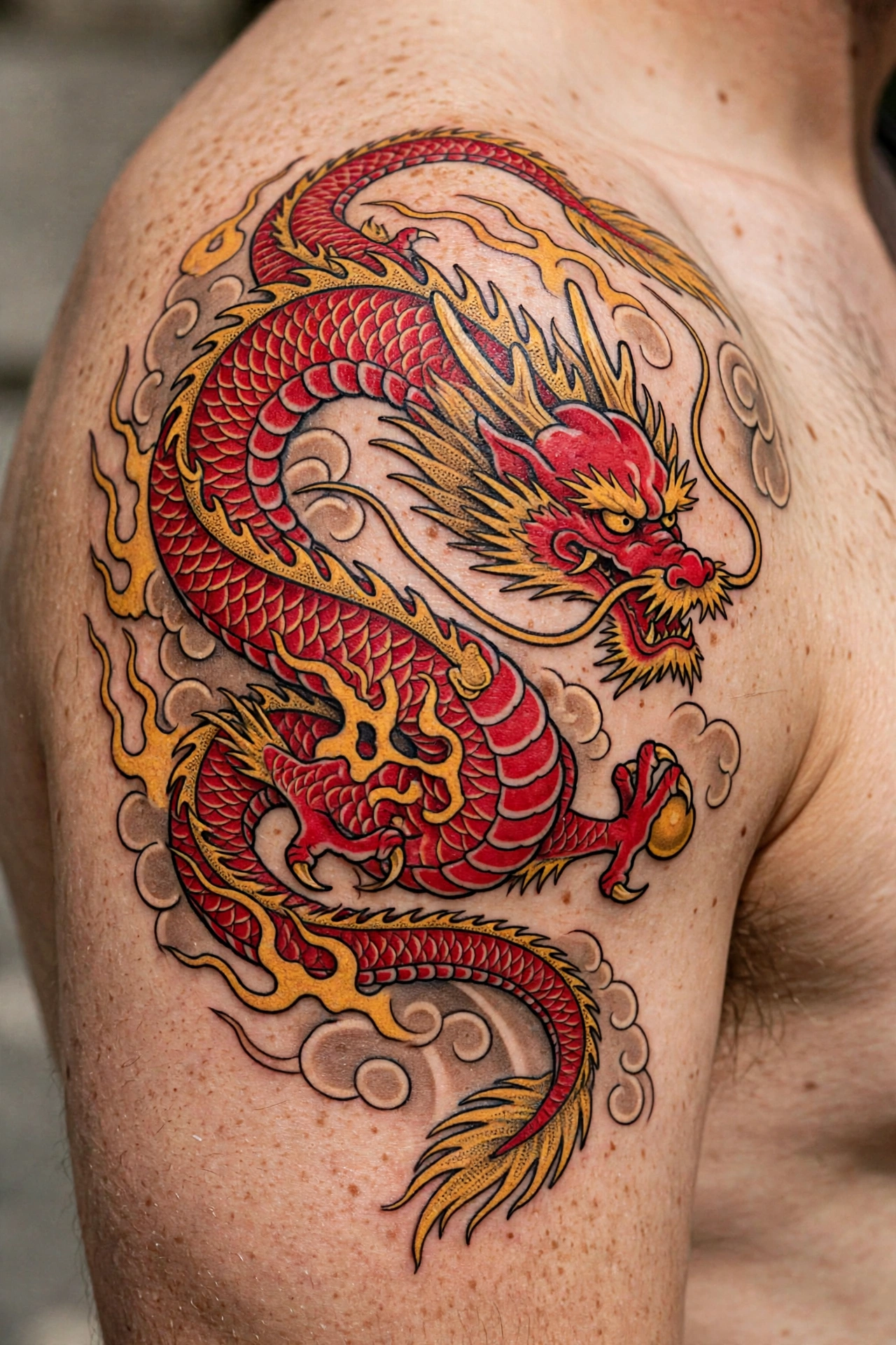 Red Chinese dragon tattoo on a shoulder with gold accents