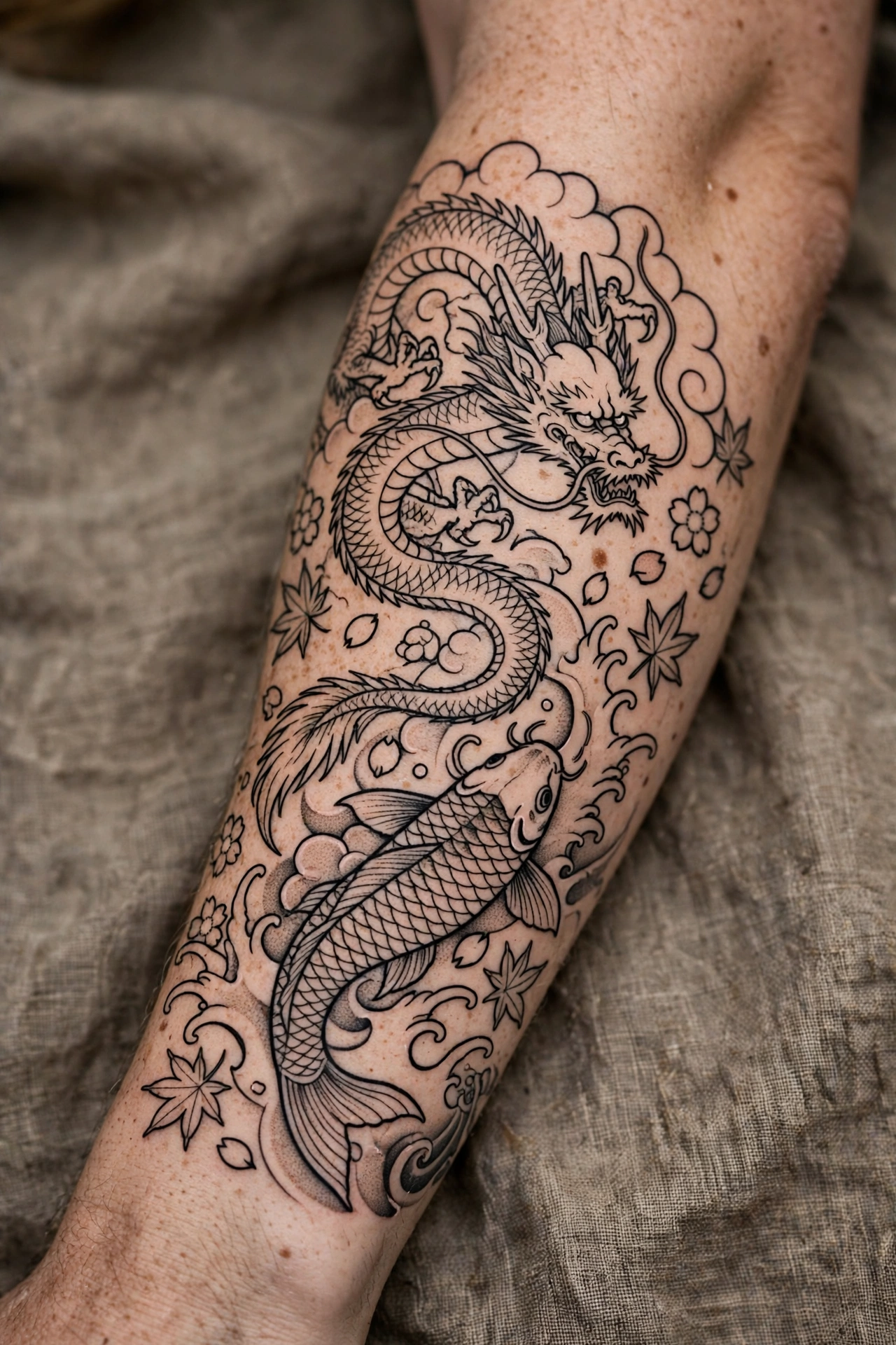 Dragon and koi fish tattoo design on a forearm