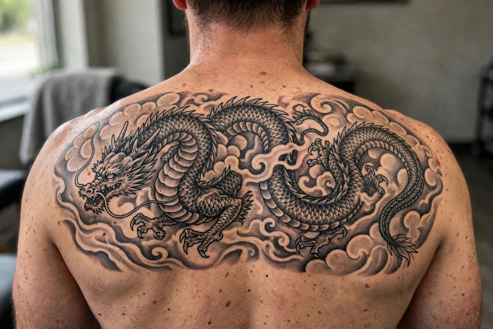 Large dragon tattoo covering the upper back and shoulders