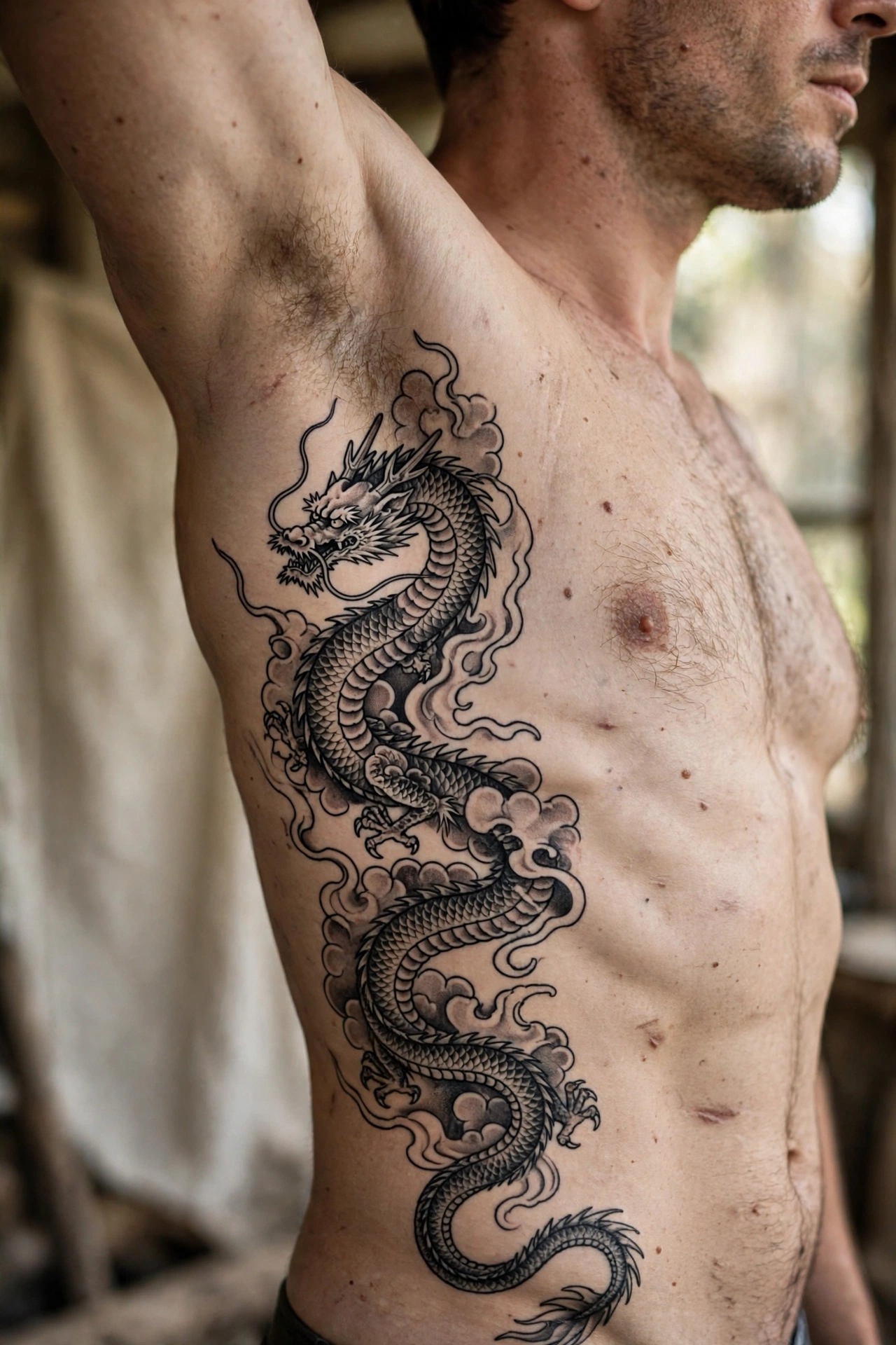 Dragon tattoo winding along the ribs and side