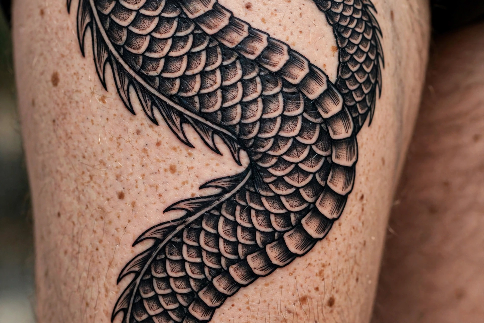 Detailed dragon scale close-up tattoo on a thigh