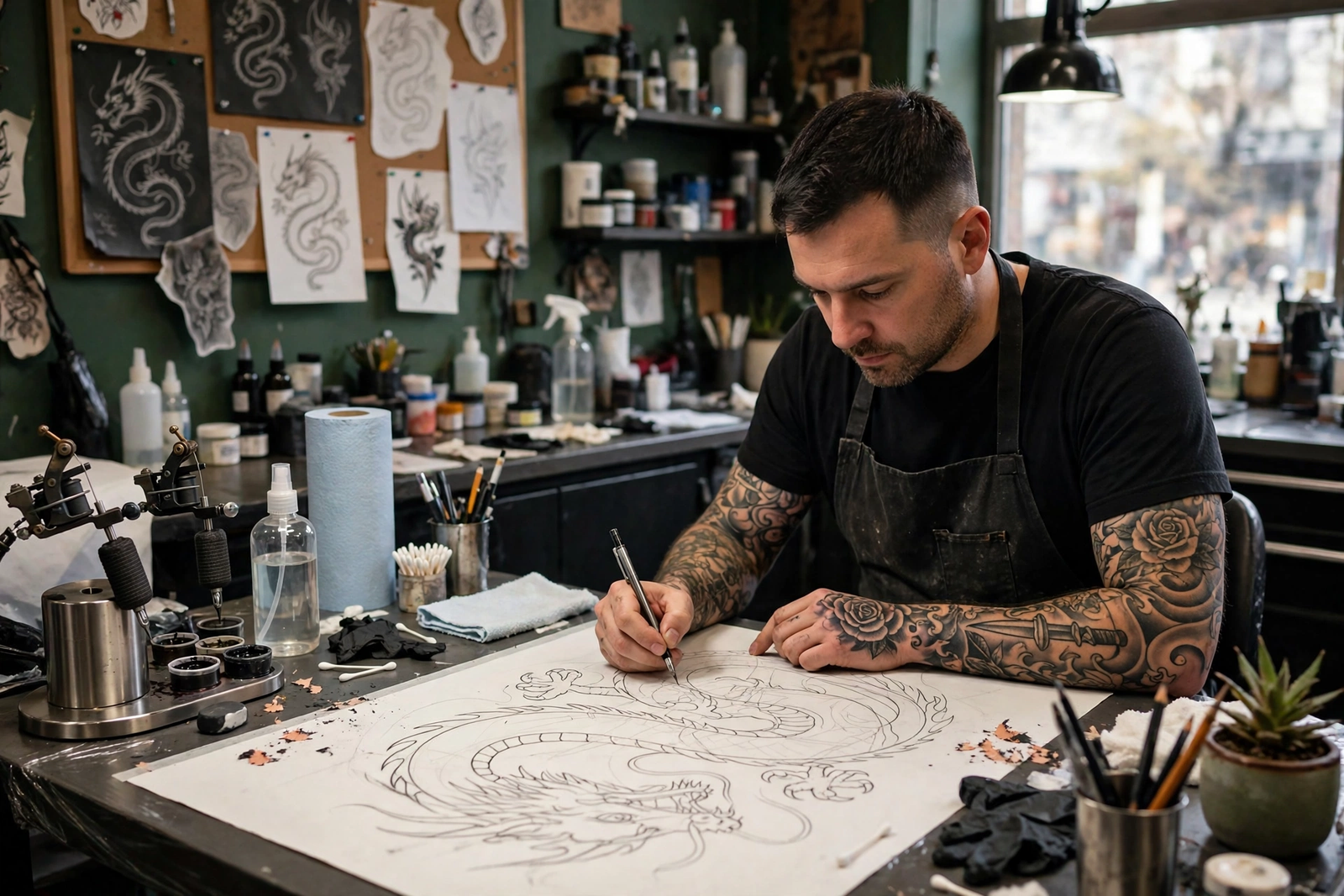 Tattoo artist working on a dragon outline in a studio
