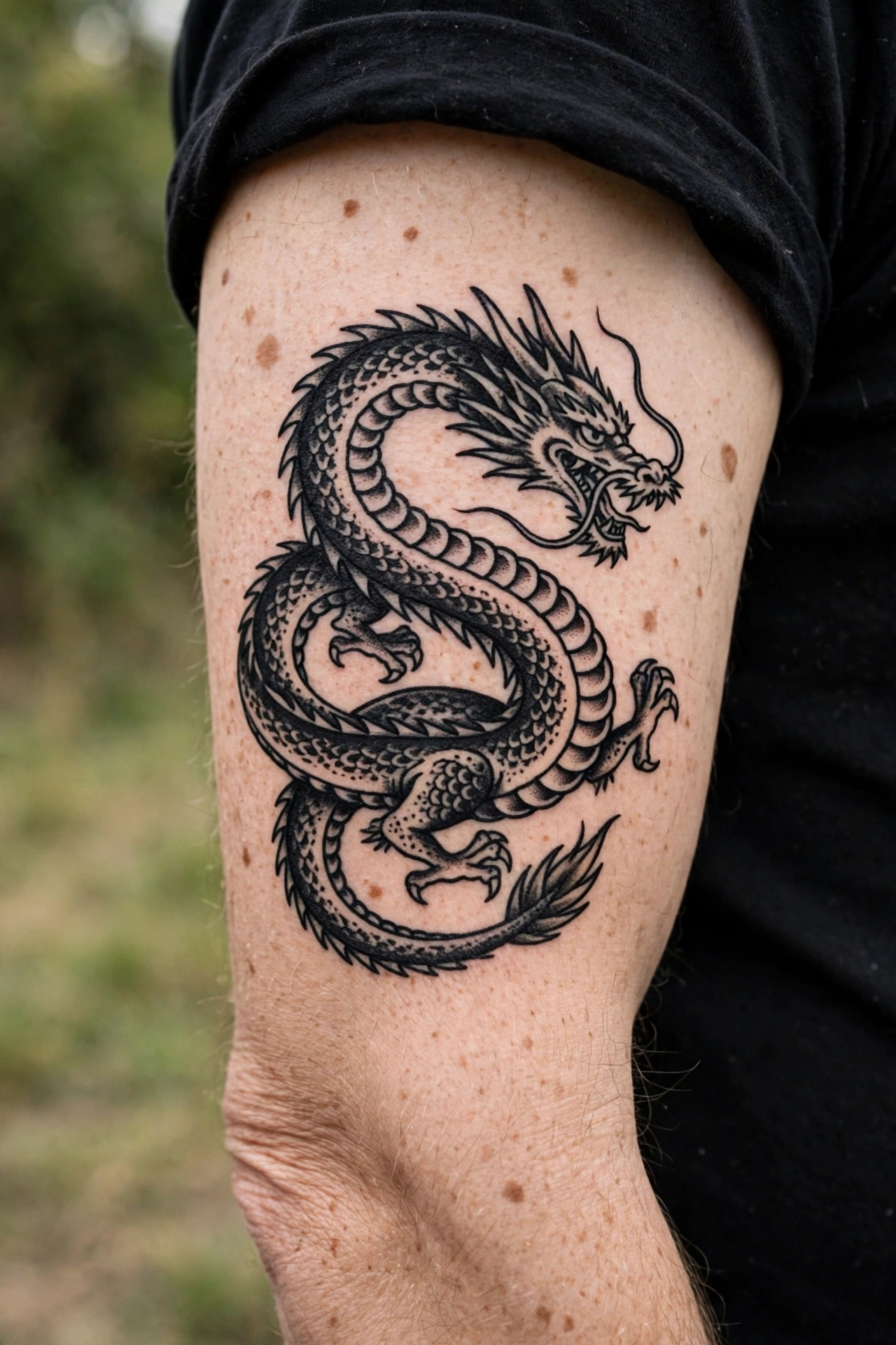 Healed black dragon tattoo on an upper arm