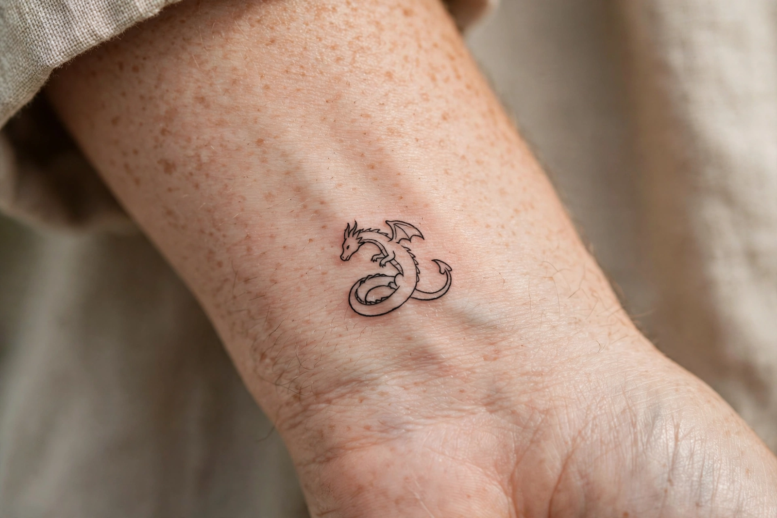 Small minimalist dragon tattoo on a wrist