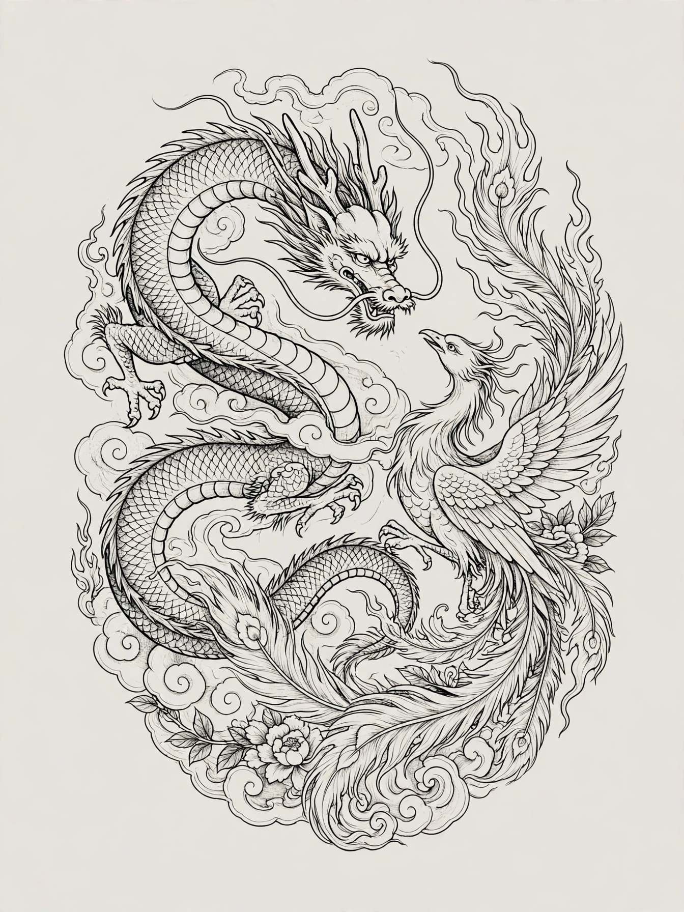 Dragon and phoenix tattoo design together