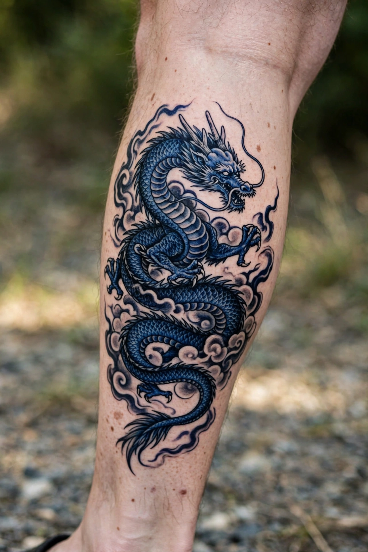 Blue dragon tattoo on a calf with clouds