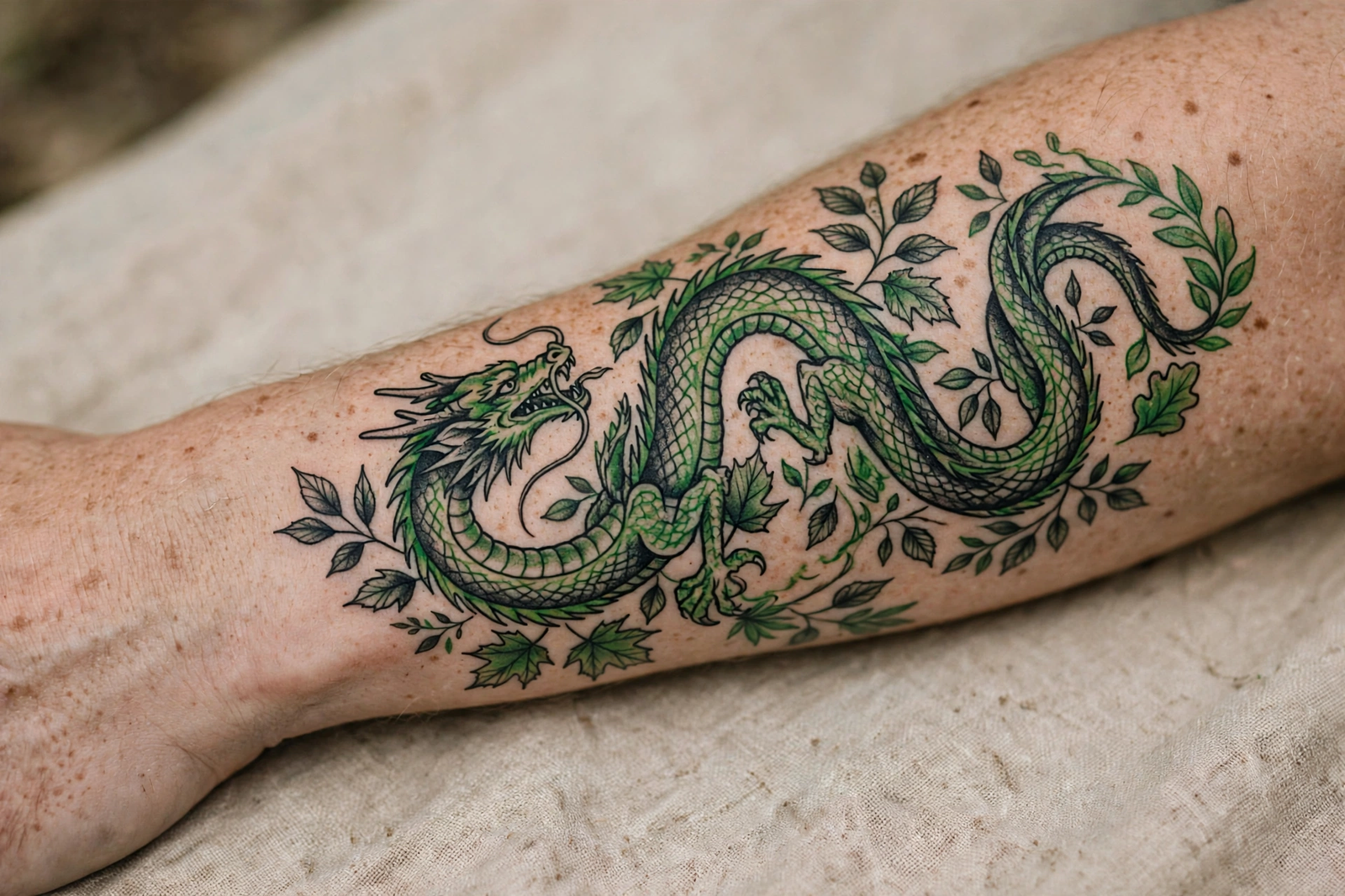 Green dragon tattoo with leaves on a forearm