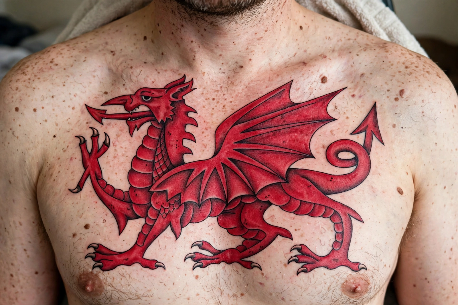 Welsh red dragon tattoo on a chest