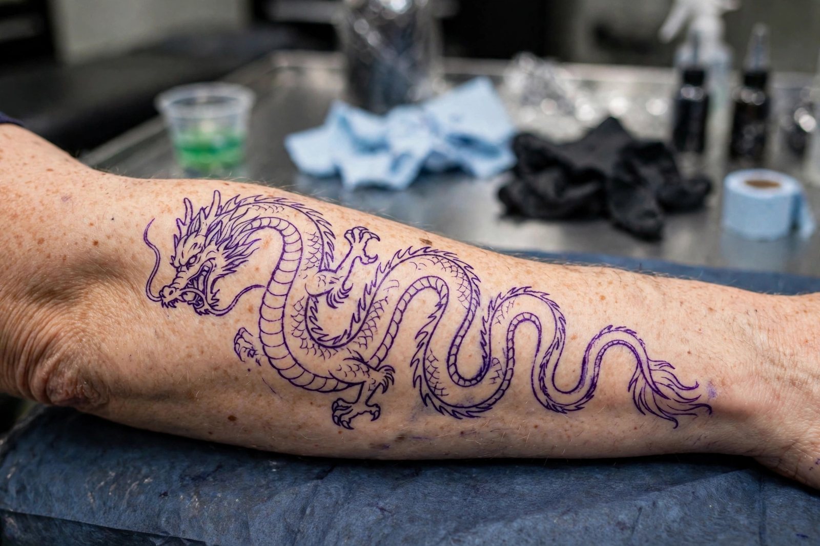 Dragon tattoo stencil outline on skin before tattooing