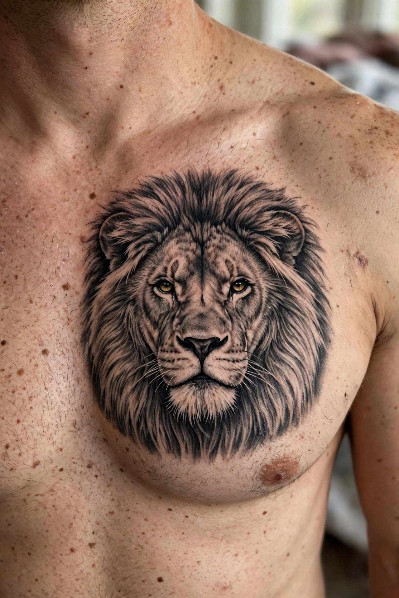 Majestic lion tattoo on a chest