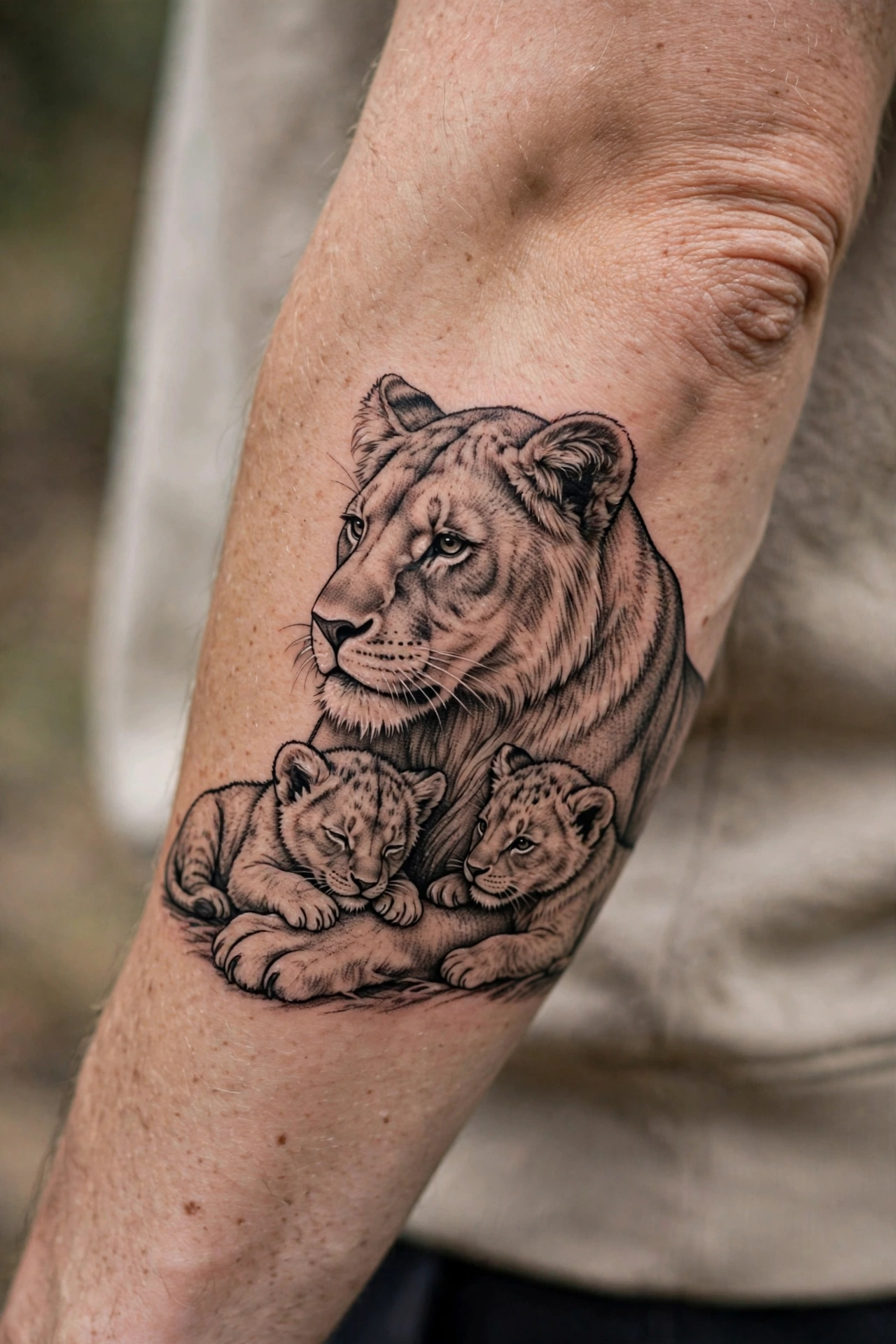 Lioness tattoo with her cubs