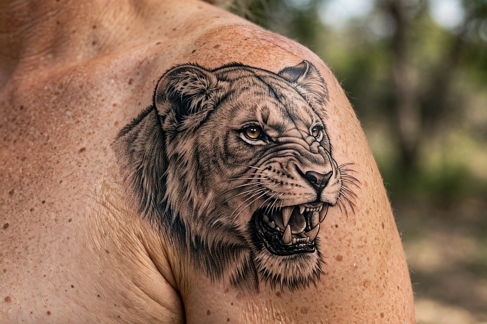 Fierce lioness tattoo portrait on a shoulder