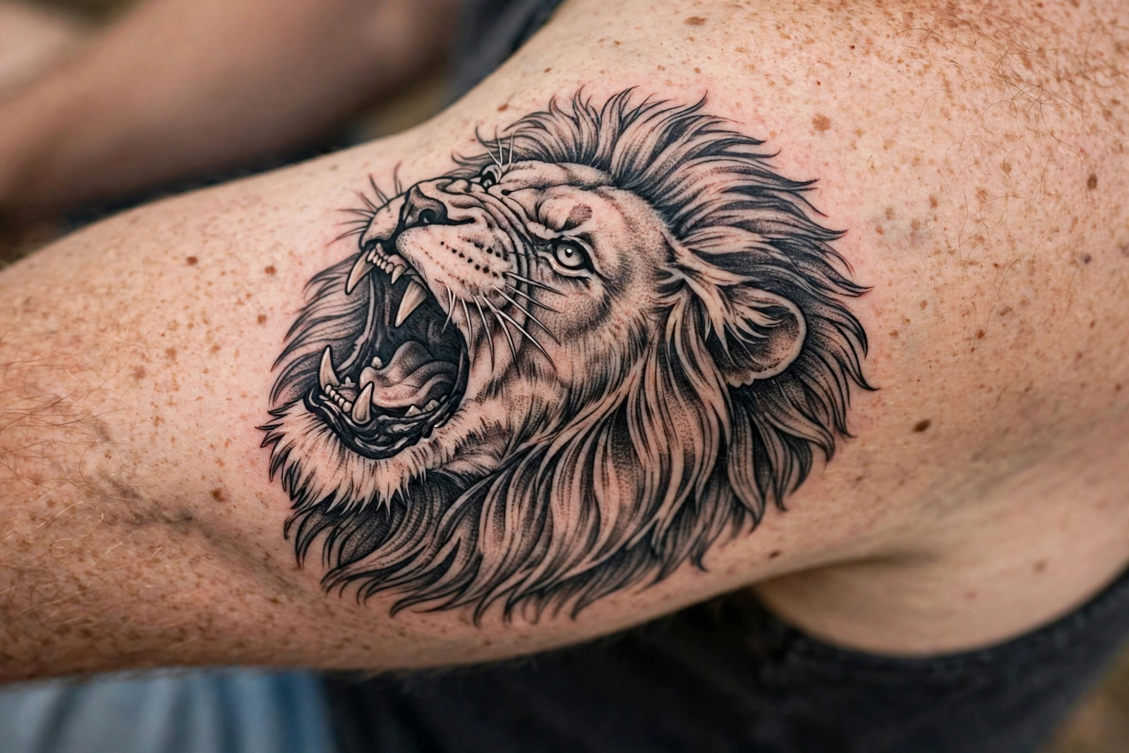 Roaring lion tattoo on an upper arm