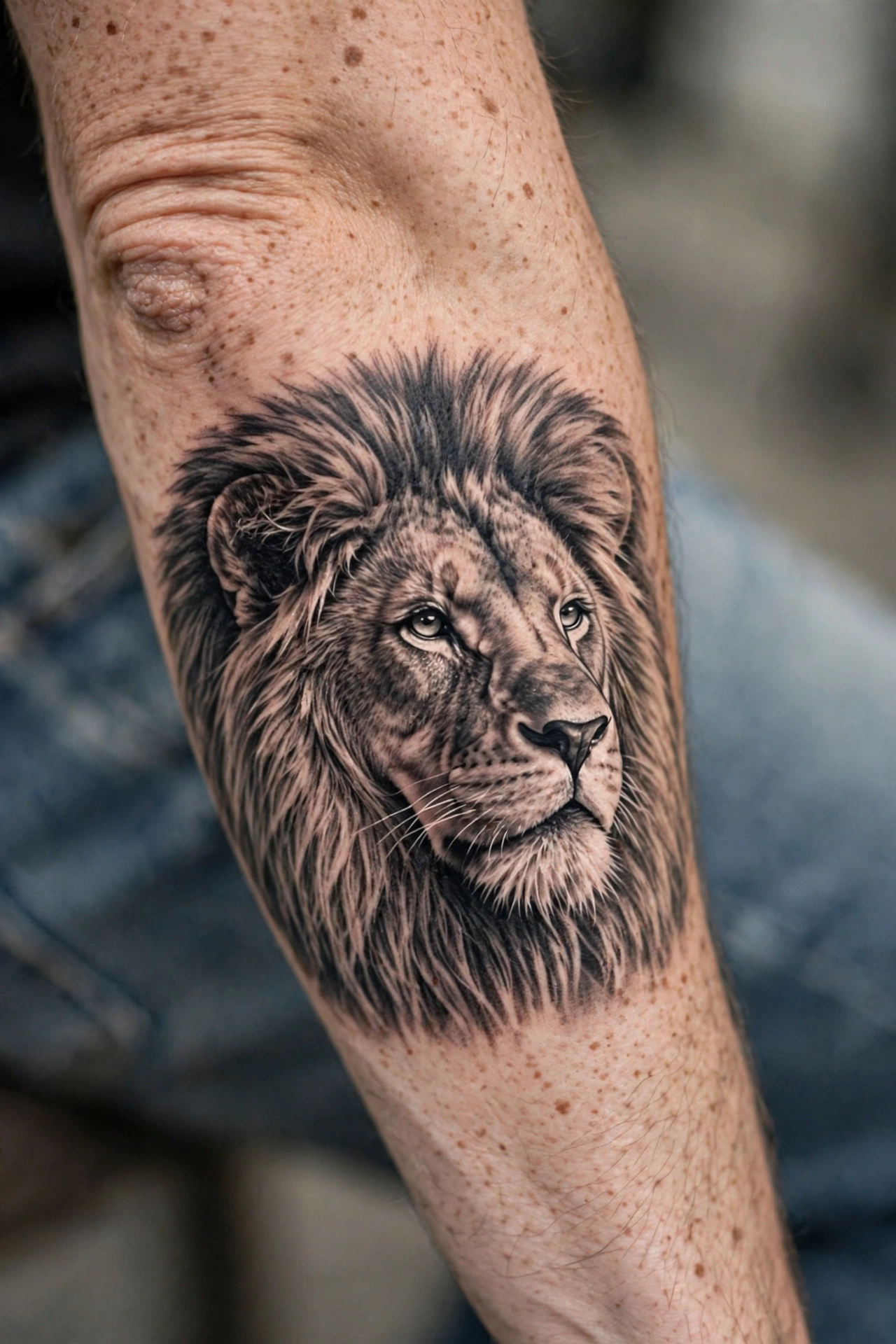 Realistic lion portrait tattoo on a forearm