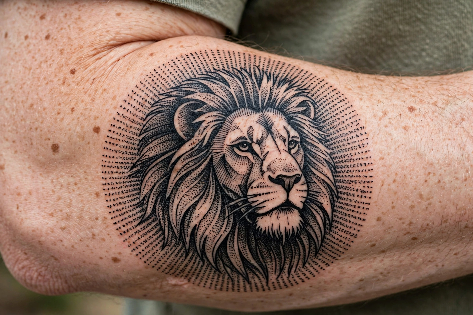 Blackwork lion tattoo with dotwork mane