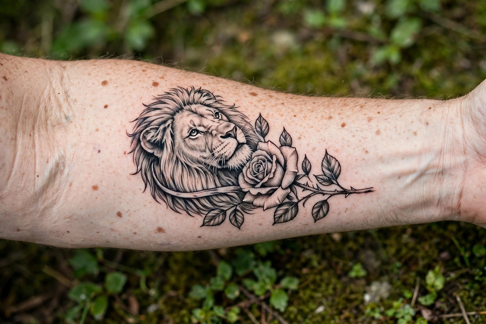 Lion and rose tattoo combination