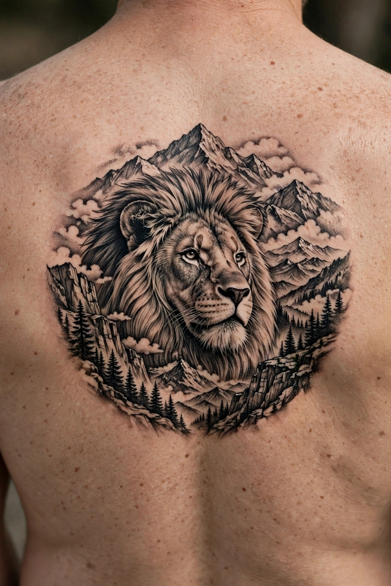 Lion tattoo with mountain landscape background