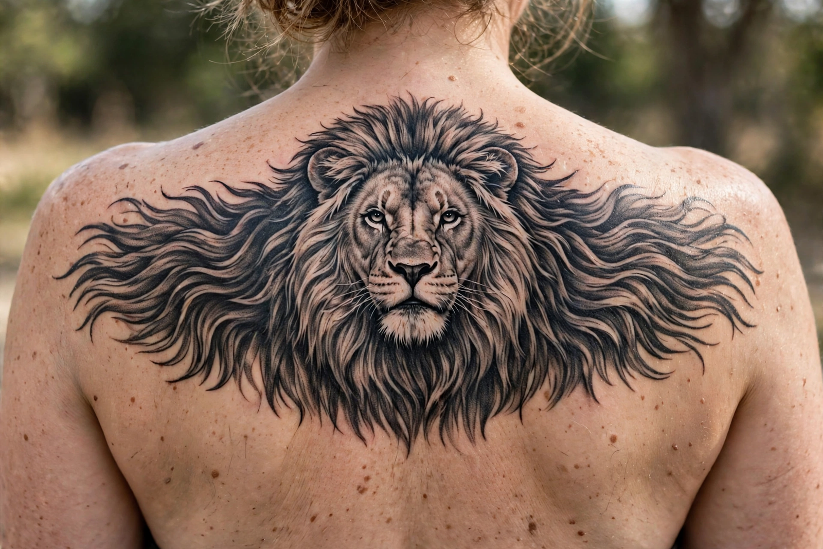 Large lion tattoo across an upper back