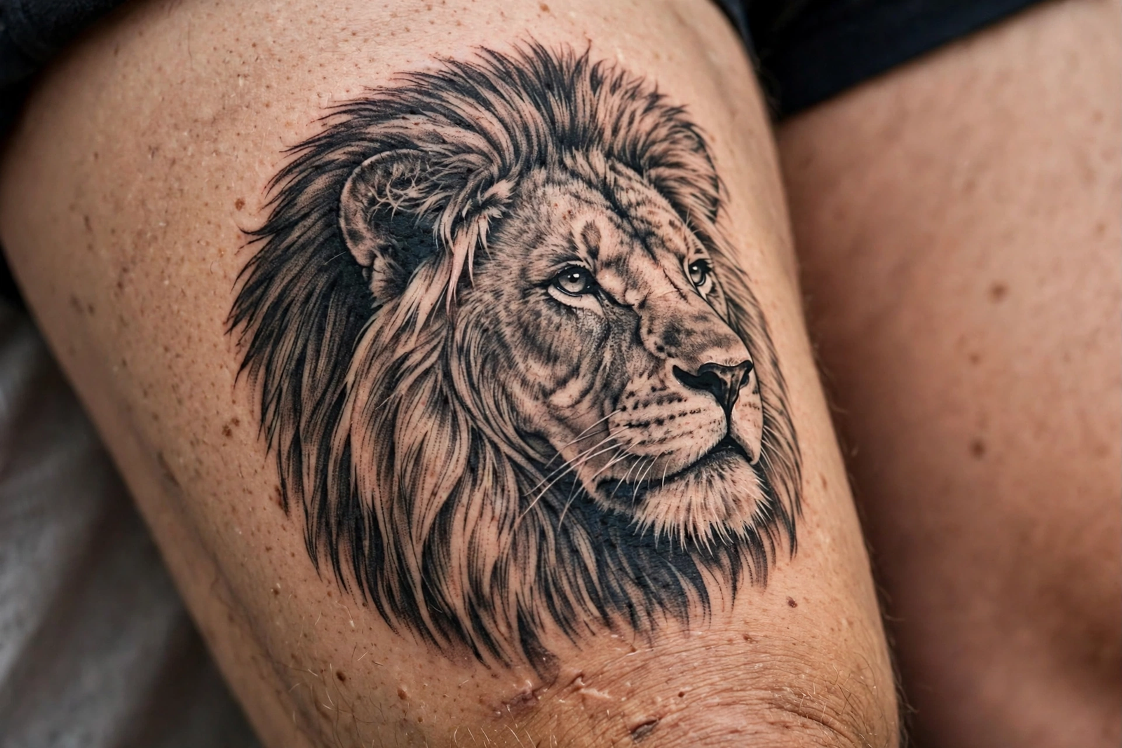 Lion tattoo on a thigh
