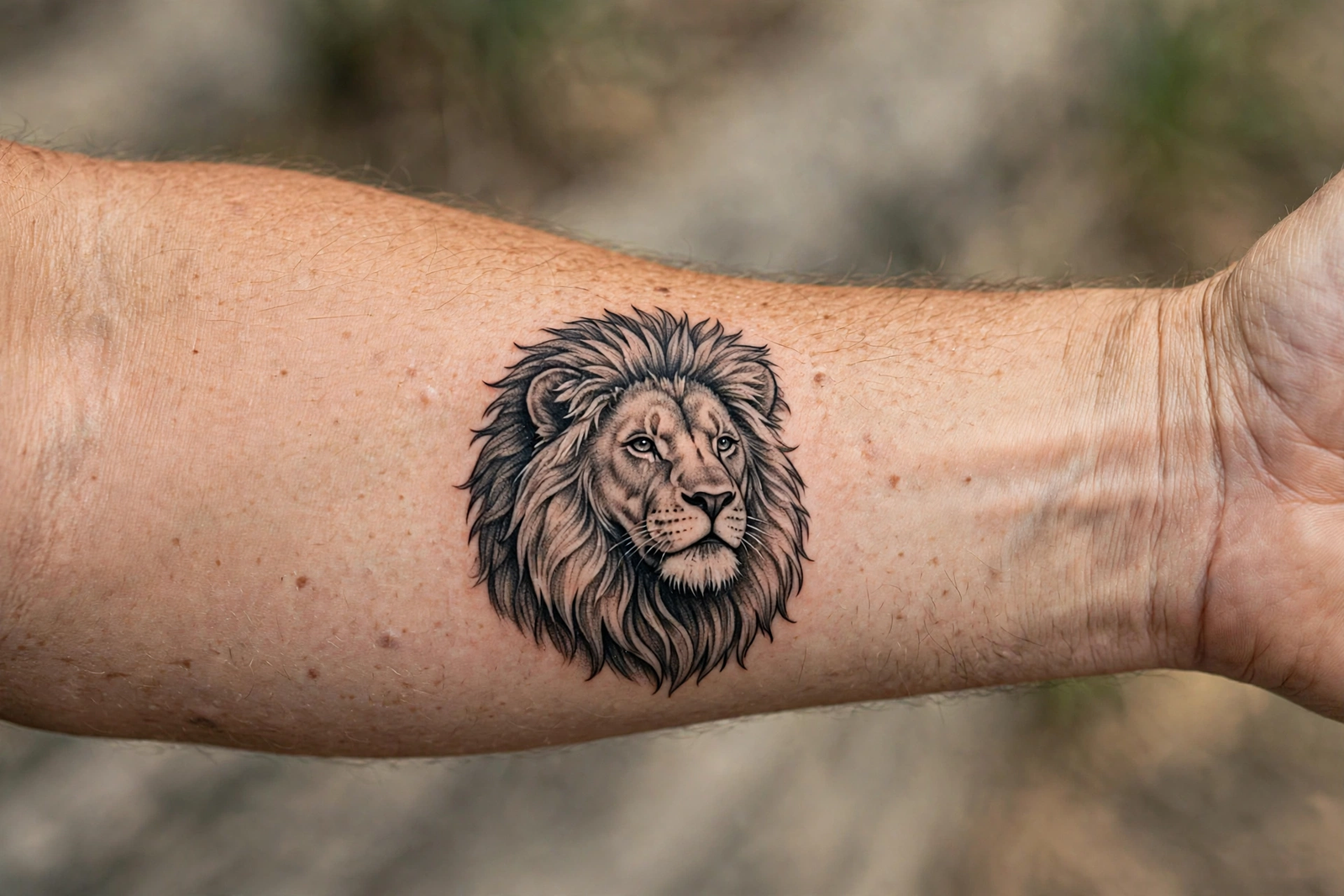 Medium lion tattoo on a forearm with mane detail