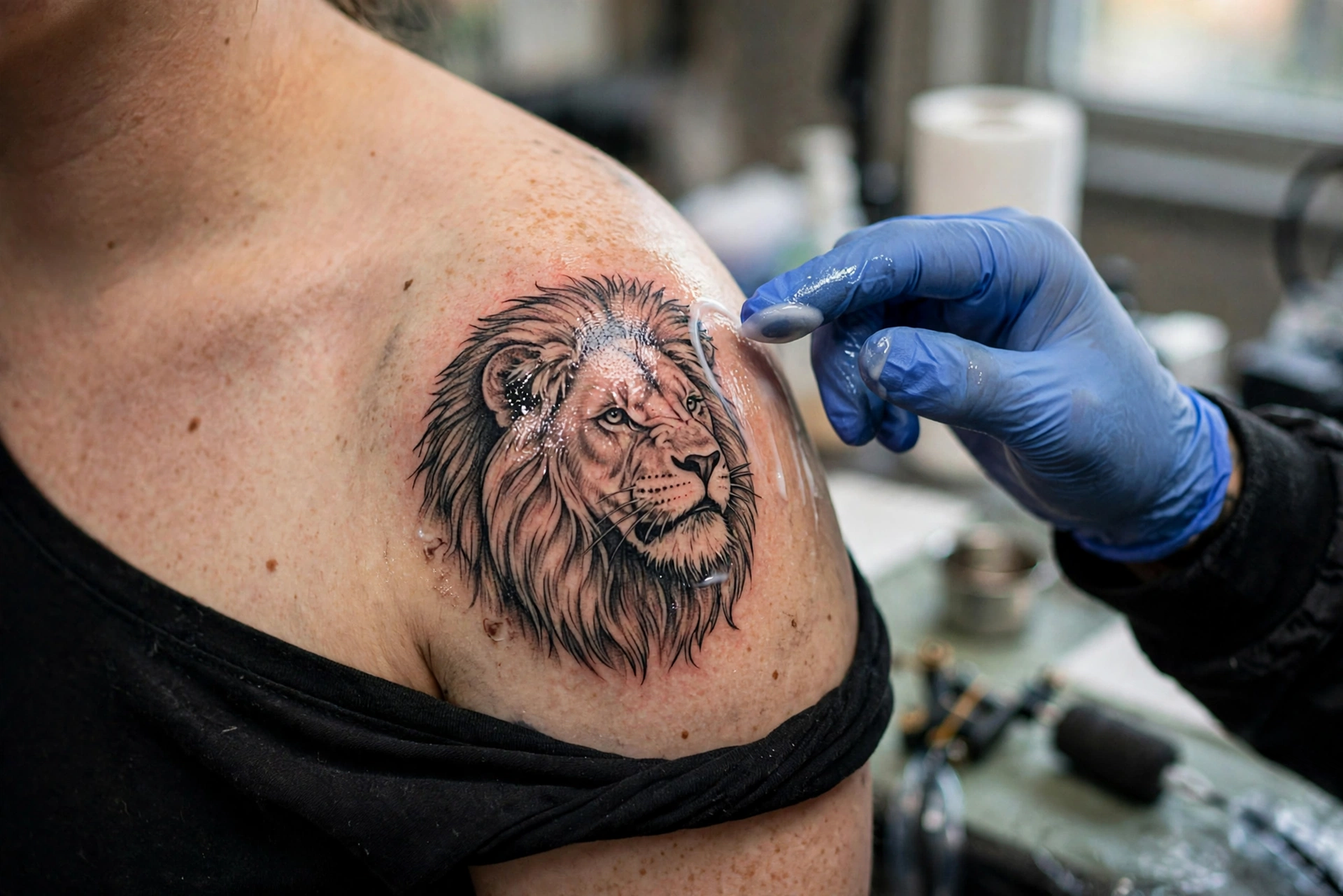 Fresh lion tattoo healing on a shoulder