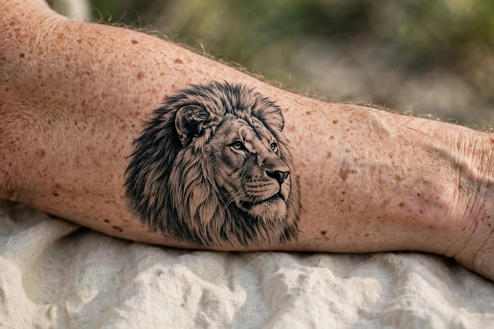 Calm watchful lion tattoo portrait