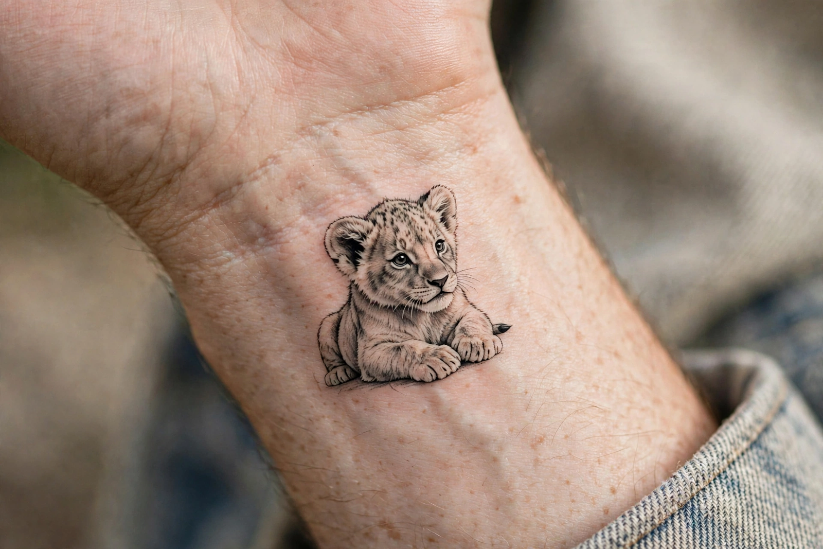 Lion cub tattoo on a wrist