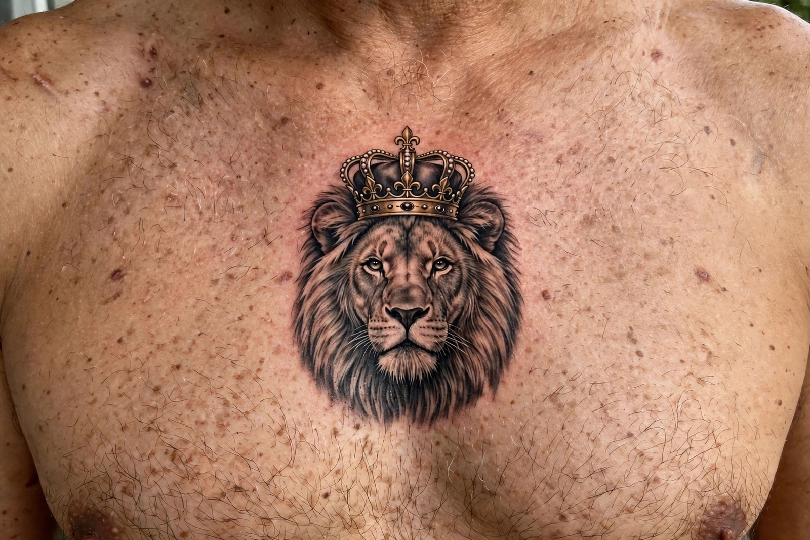 Lion tattoo with crown on a chest