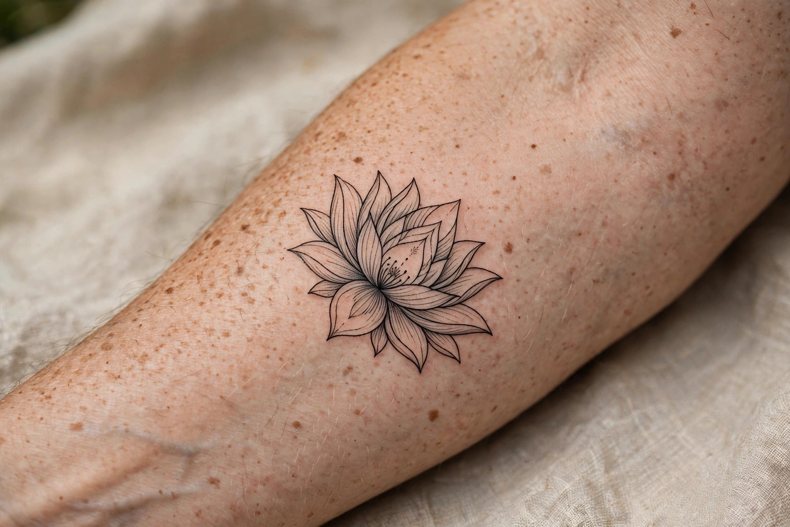 Elegant lotus flower tattoo on a forearm