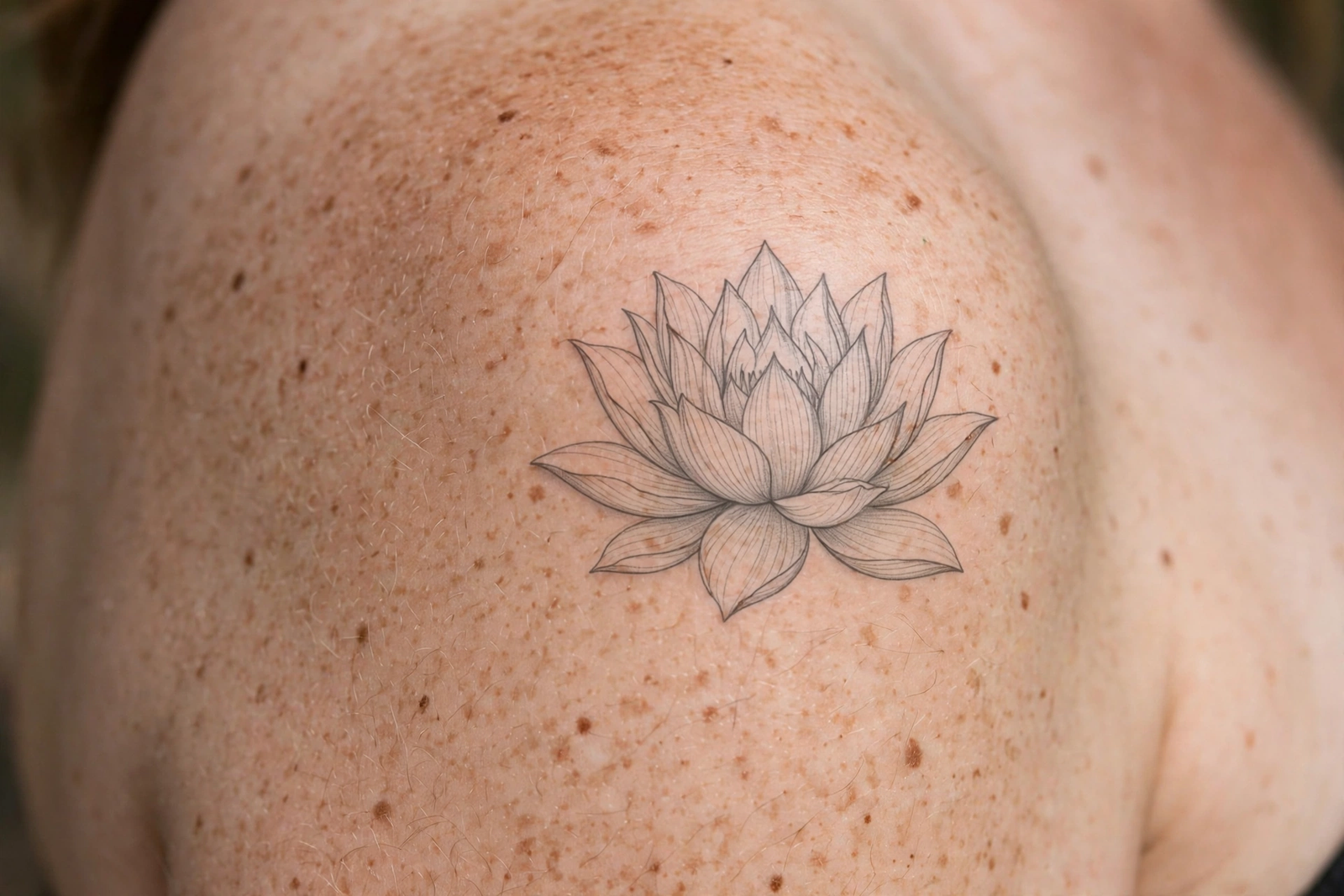 White lotus tattoo symbolising purity on a shoulder