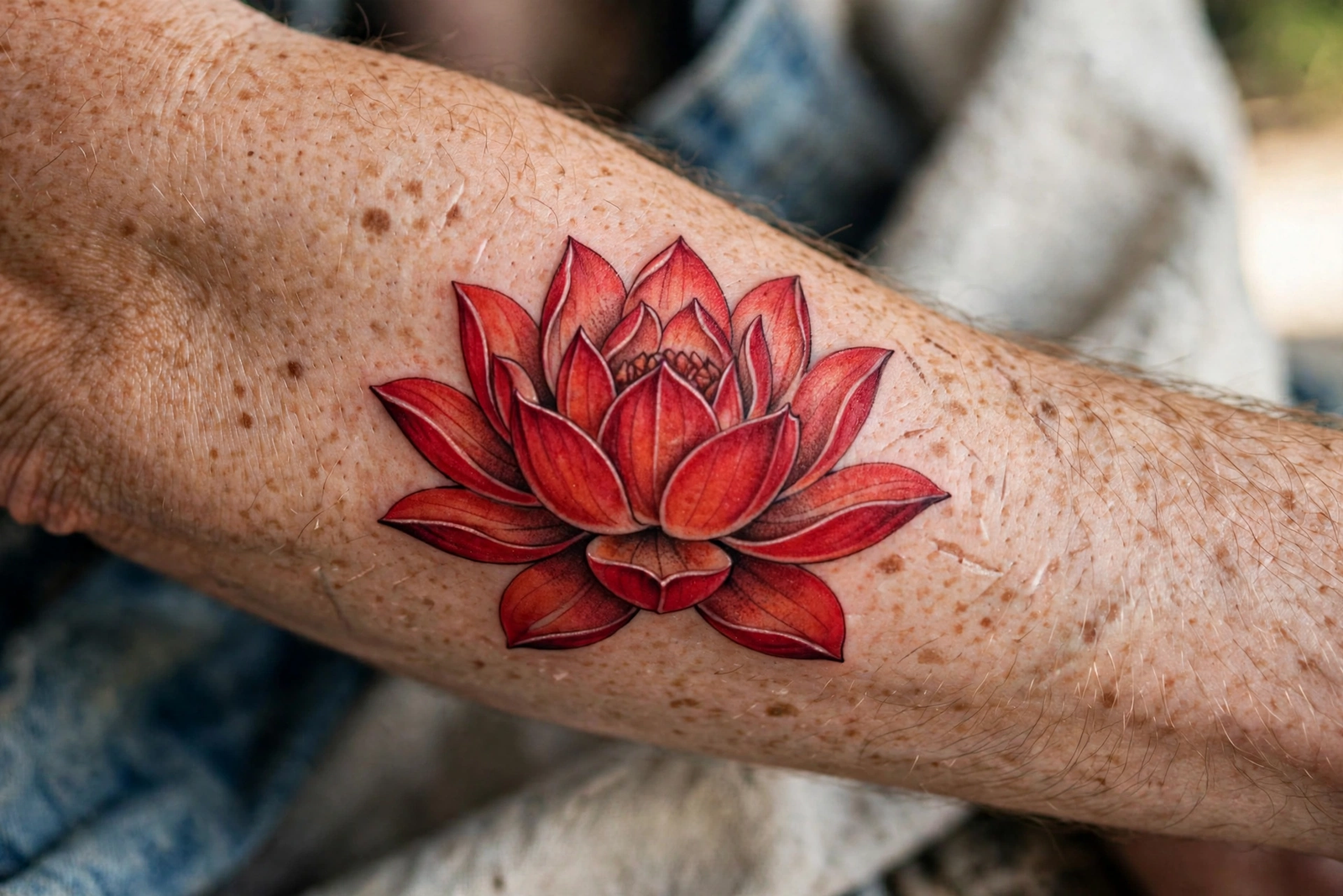 Red lotus tattoo with vibrant petals