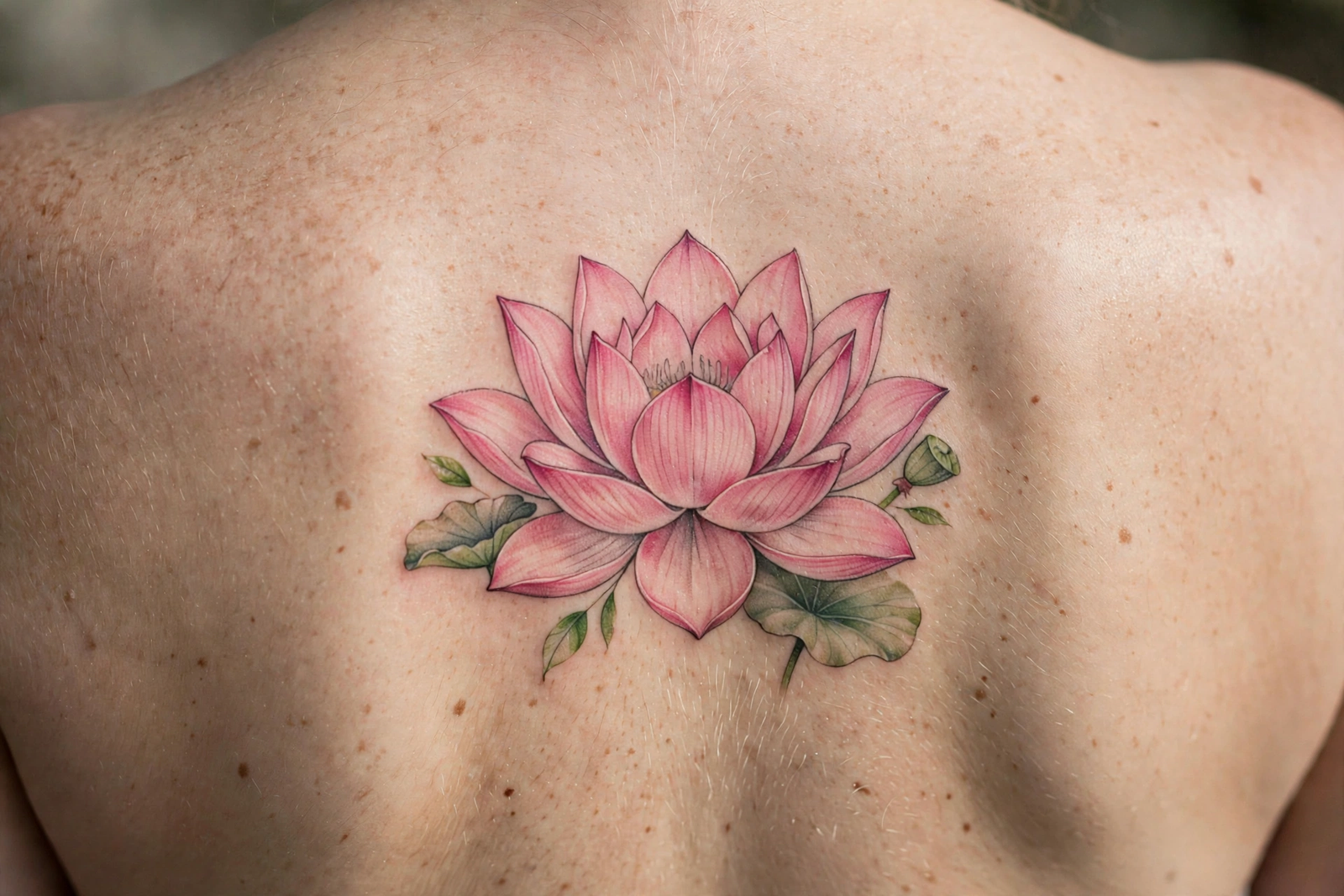 Pink lotus tattoo in full bloom on a back