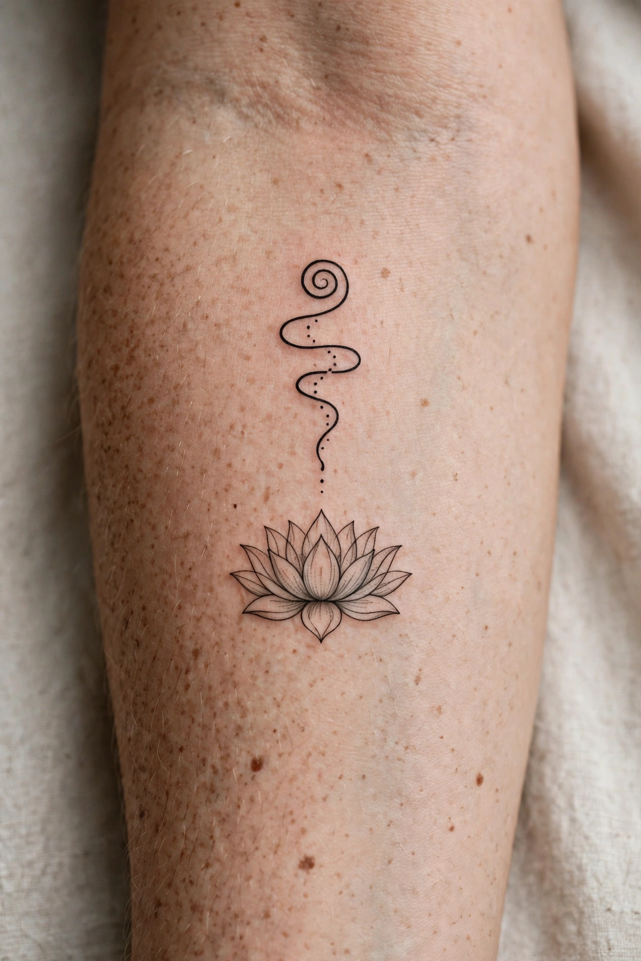 Lotus tattoo with unalome symbol above it