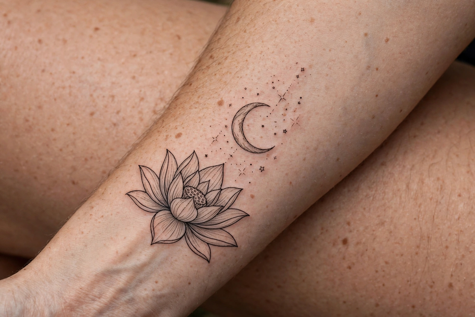 Lotus tattoo beneath a crescent moon with stars