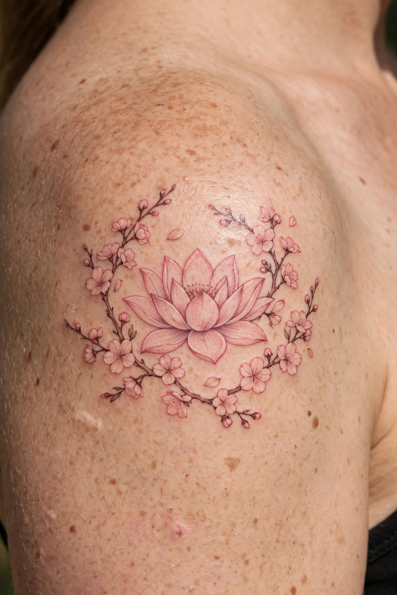 Lotus tattoo surrounded by cherry blossoms
