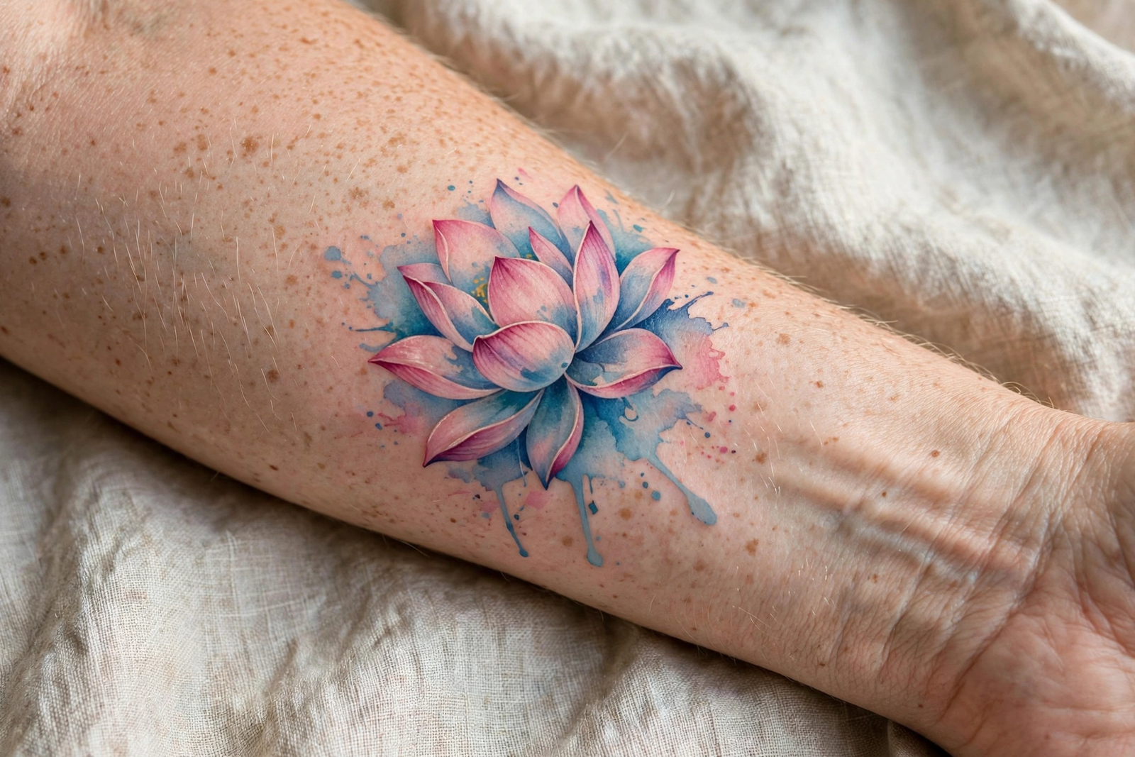 Watercolour lotus tattoo in pink and blue
