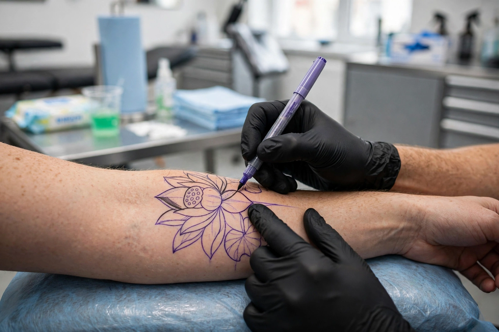 Artist drawing a lotus stencil on skin