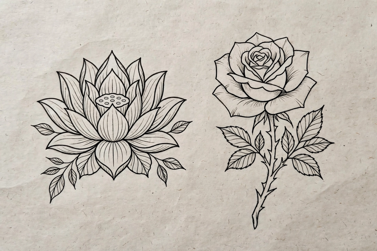 Lotus tattoo compared with a rose design sketch
