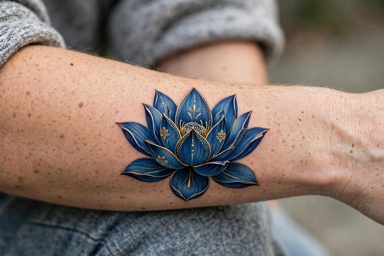 Blue lotus tattoo with gold accents