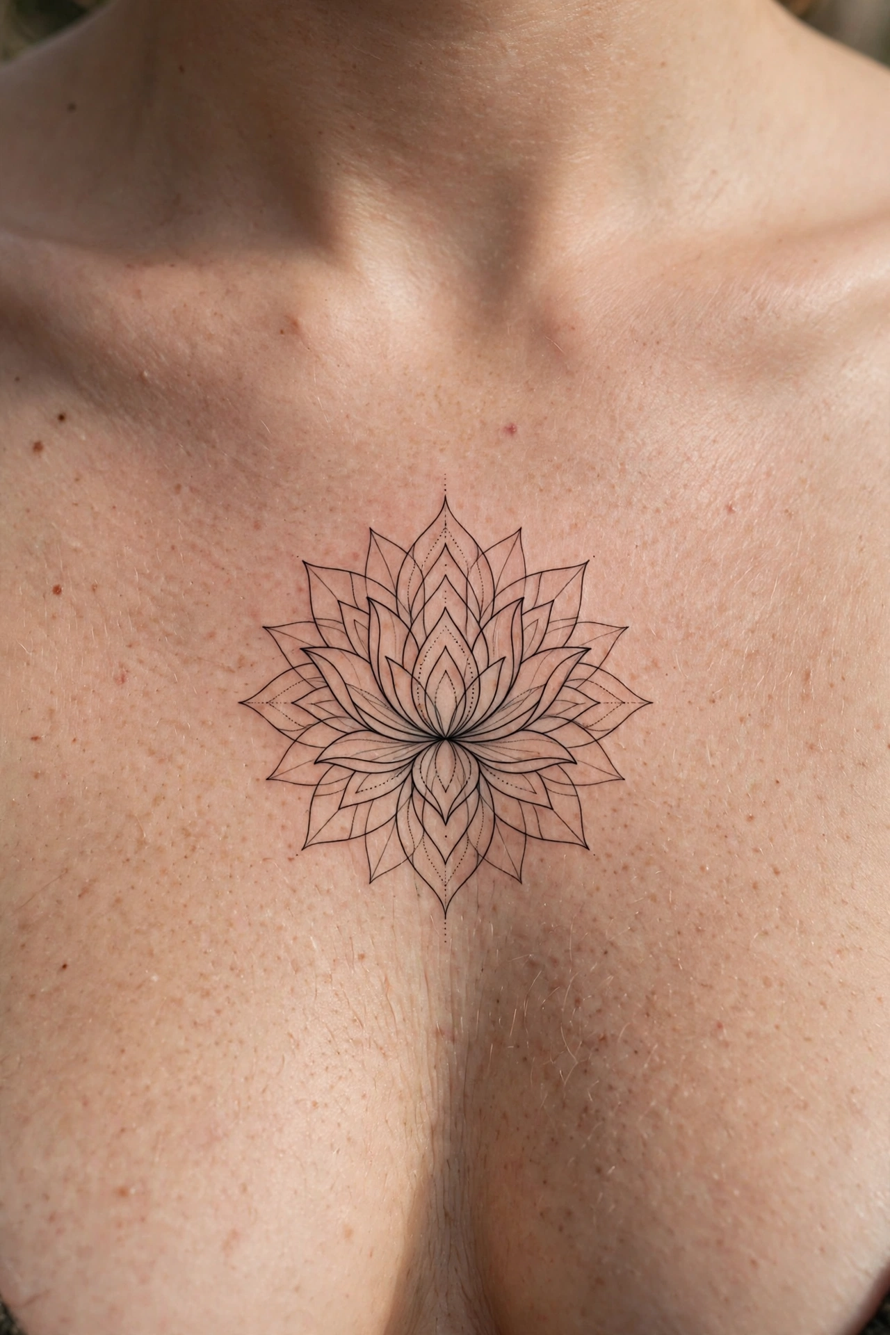 Lotus tattoo on a sternum with symmetrical petals