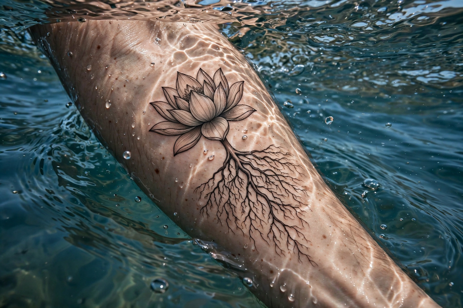Lotus in water with visible roots tattoo