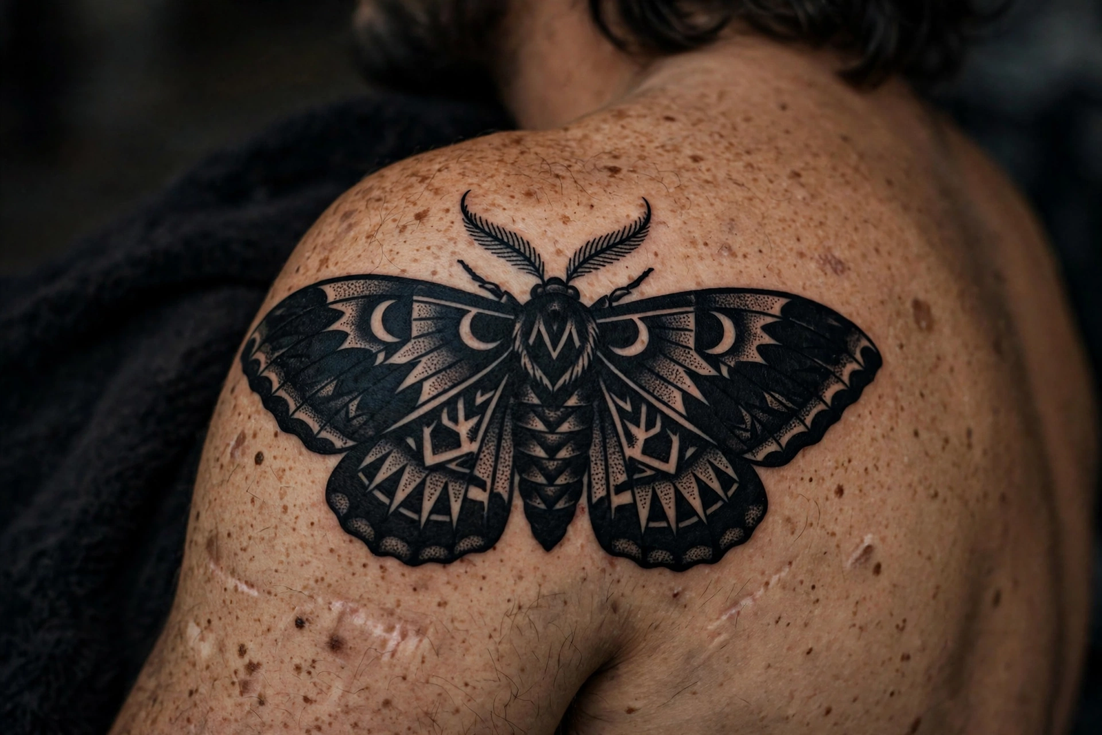 Bold blackwork moth tattoo on a shoulder