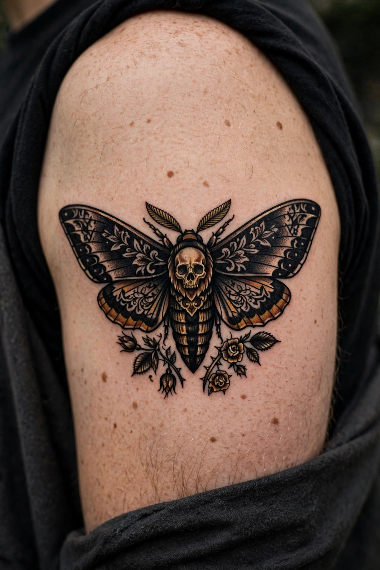 Bold blackwork death's-head hawkmoth tattoo with skull marking