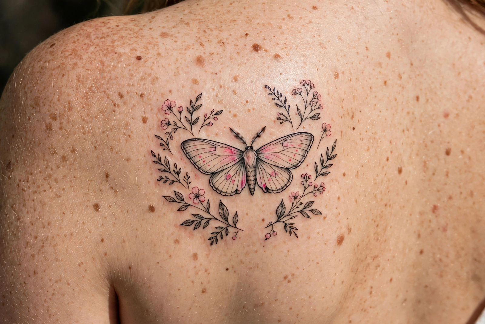Moth tattoo surrounded by flowers and leaves